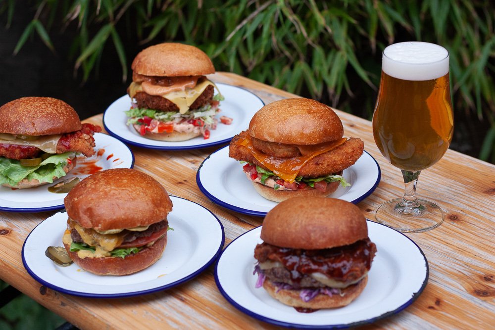 Spread of Salt Horse burgers and beer